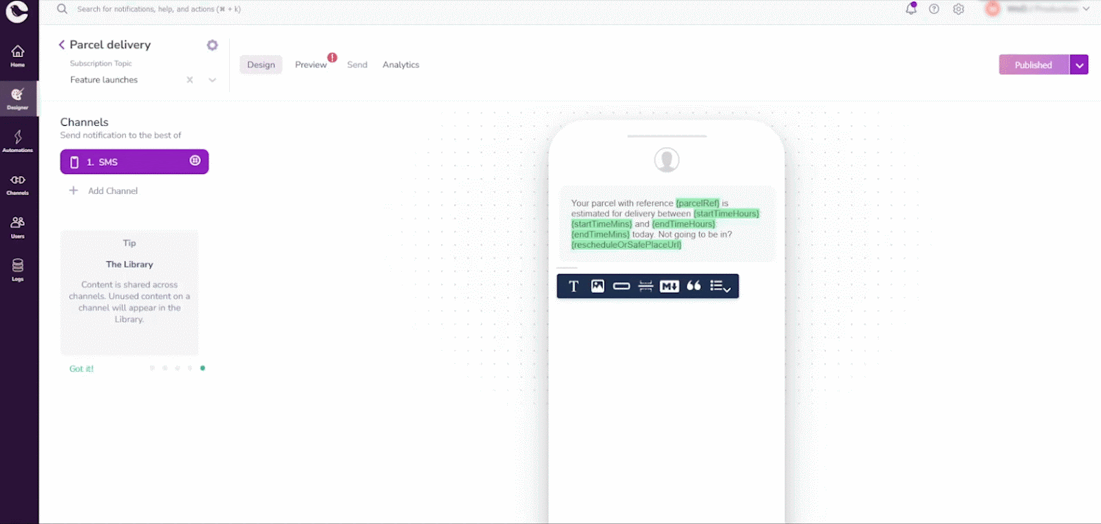 Using Node.js code to send an SMS notification in Courier.