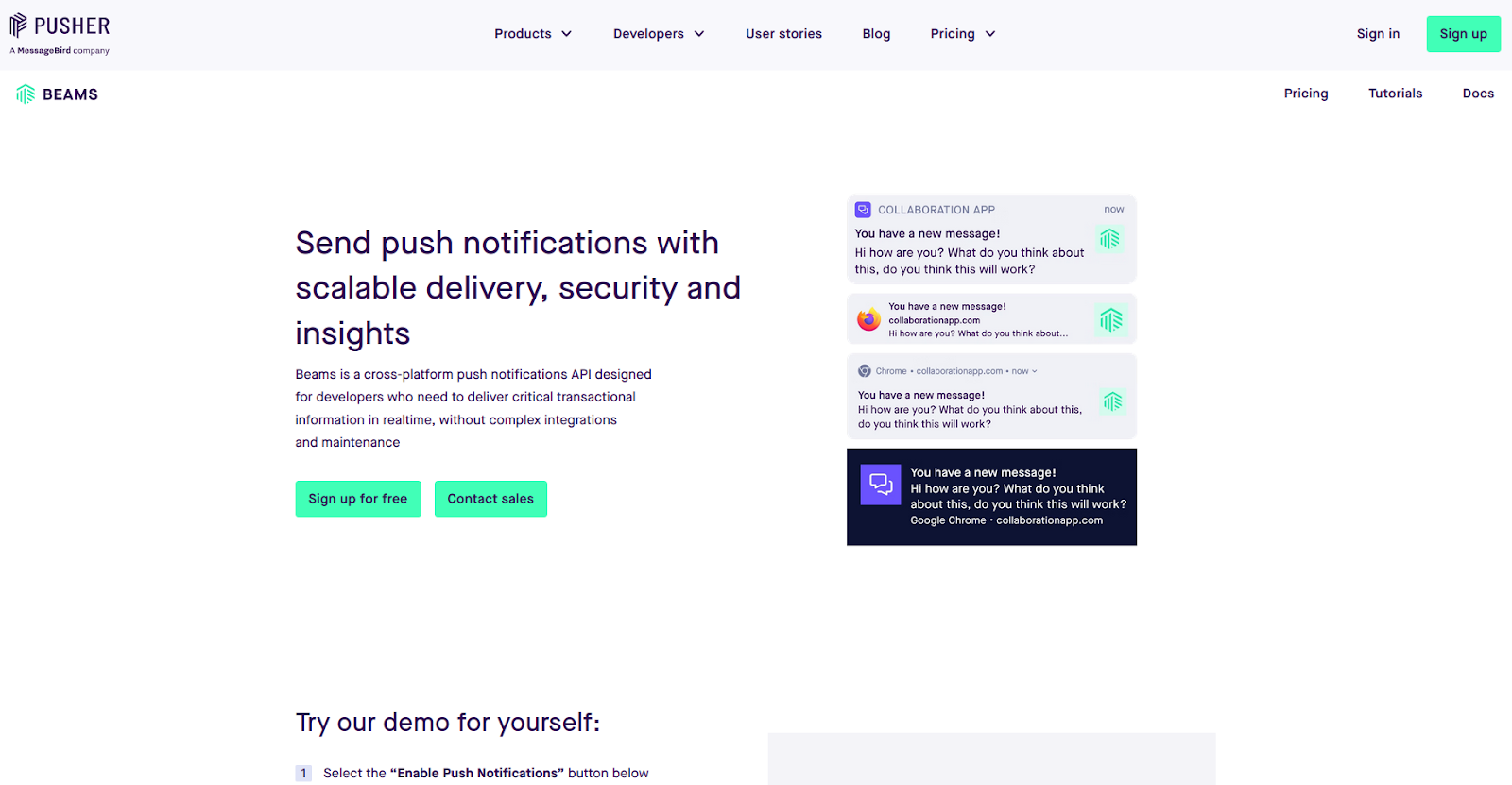 A screenshot from Pusher Beams’ product landing page.