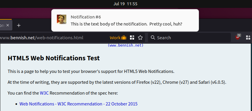 A Firefox notification box drops down with a message from a notification testing website.