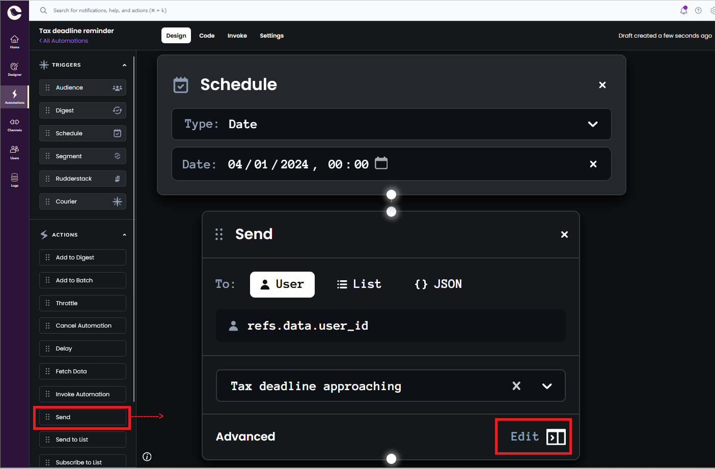 Screenshot showing how to edit advanced properties for your email automation.