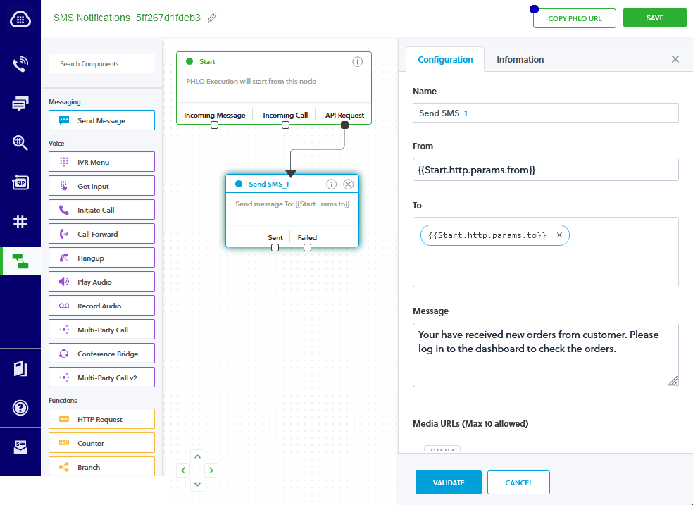 Screenshot of Plivo’s no-code option for sending an SMS