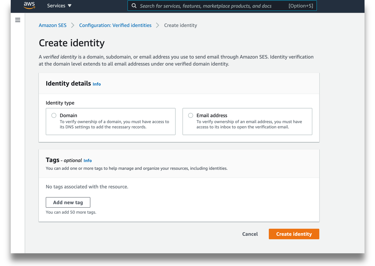 AWS SES create identify page
