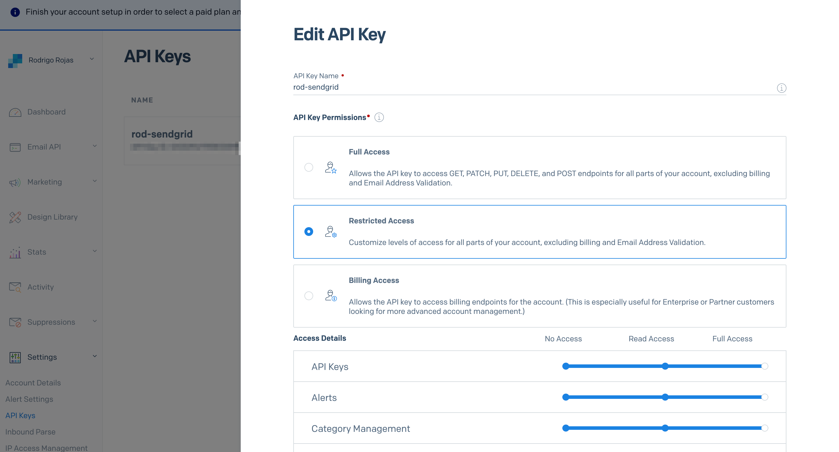 Creating a new SendGrid API key