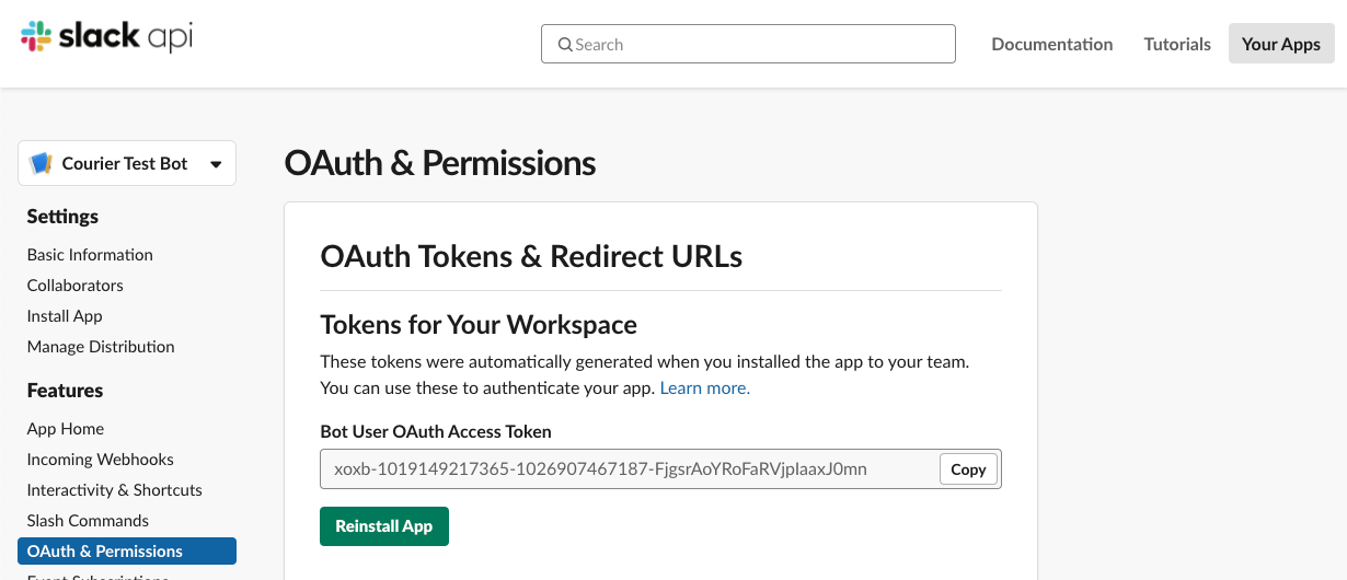 Location of Bot User OAuth Access Token in Your Apps.