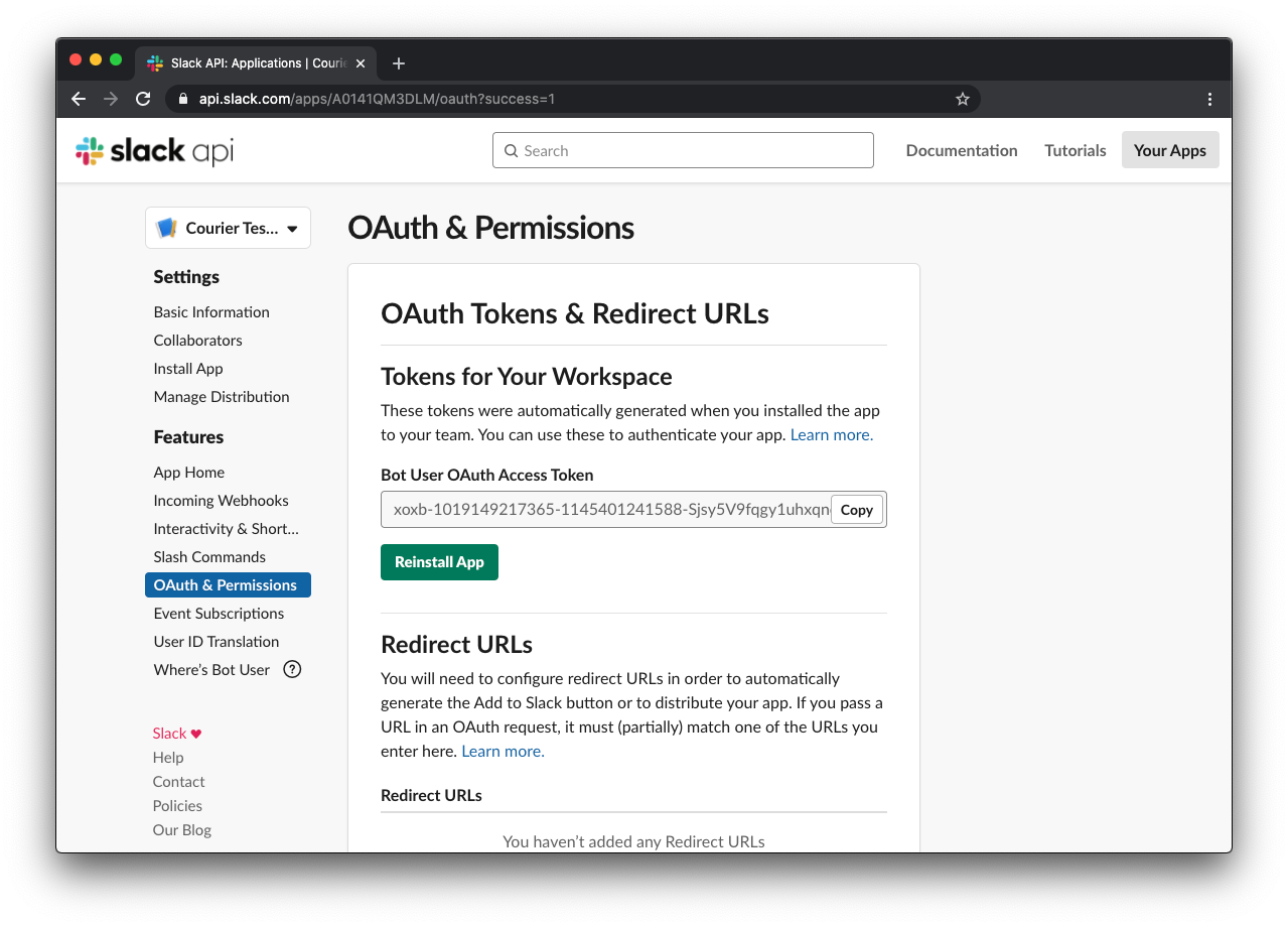 Slack OAuth & Permissions after App install