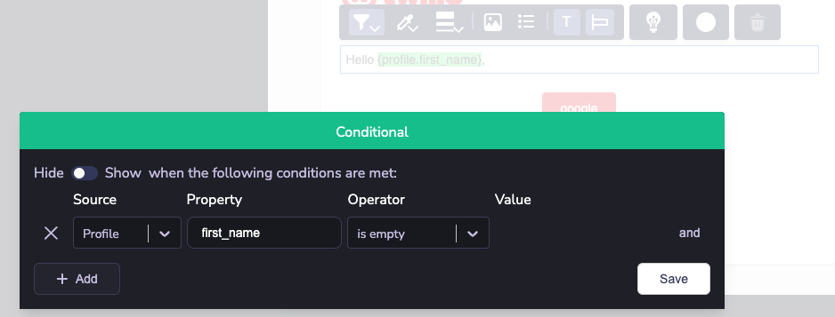 Screenshot of a Conditional Block